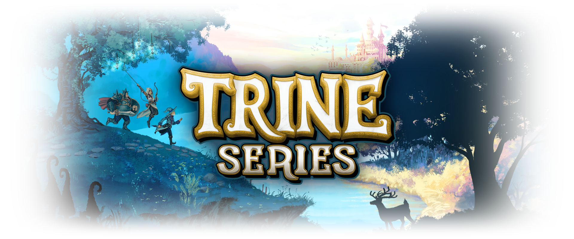 Image with the Trine Series logo in the middle. The playable heroes traverse through a beautiful landscape, with a castle in the horizon and an azure blue lake in the middle