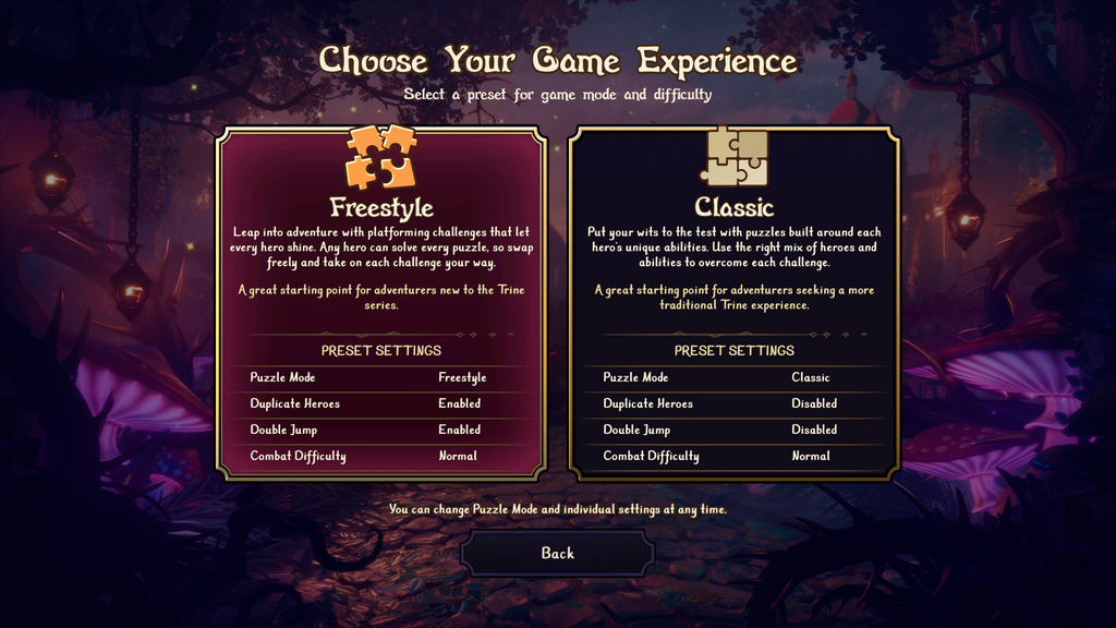 Game experience / puzzle mode selection screen